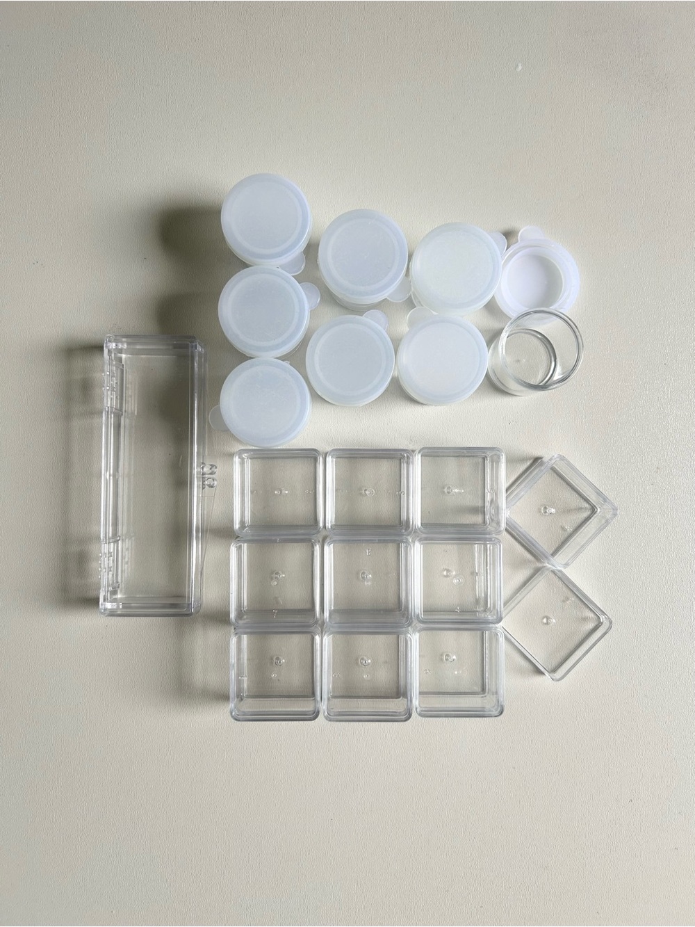 3/25$ Mini Accessory Clear Storage Boxes, Set of 19 (10 square/8 round/1 rect.)